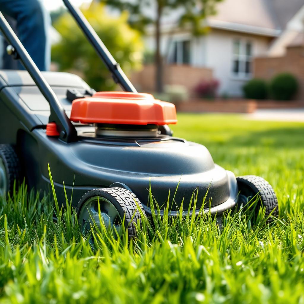 Lawn mower cutting fresh green grass in a residential yard.
