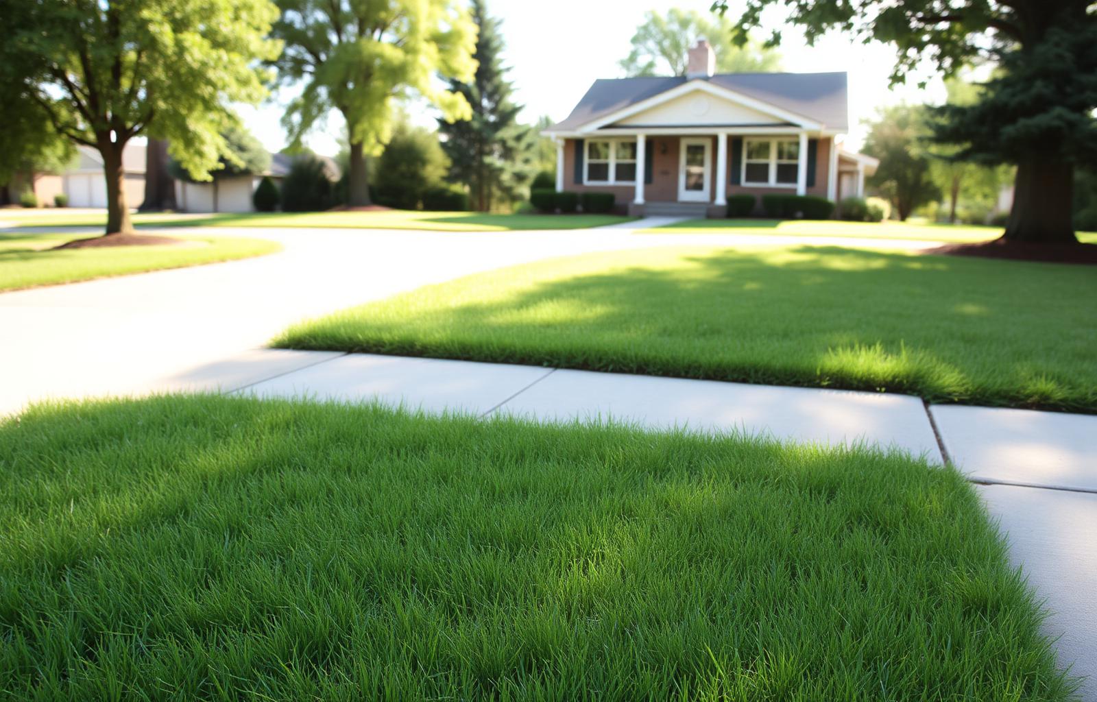 Freshly mowed residential front lawn with trimmed edges along a driveway on a sunny day.